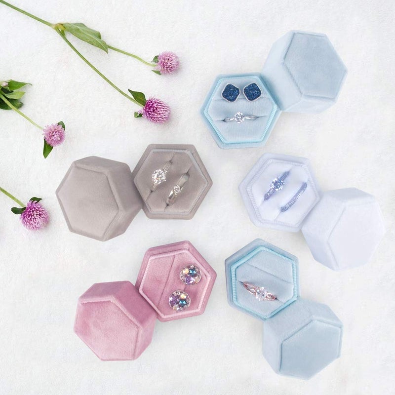 DesignSter Velvet Ring Box Hexagon - Premium Gorgeous Vintage Double Ring Display Holder with Detachable Lid for Proposal, Engagement, Wedding, Ceremony (White) - Image 5